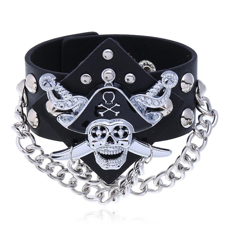 

Punk Rock Skeleton Skull Pirate Chain Link Charm Leather Wide Bracelet Bangle Black Color Goth Sword Cross Leather