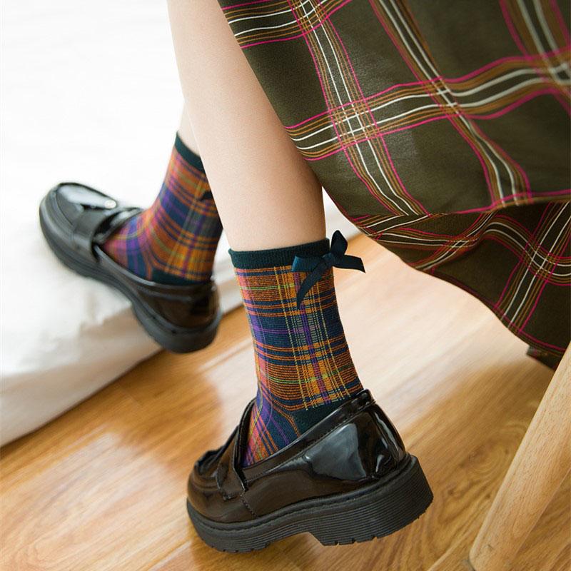 

Vintage Bow Student College Style Socks Girls Cotton Socks Women Lattice chaussette femme hiver, Full net black