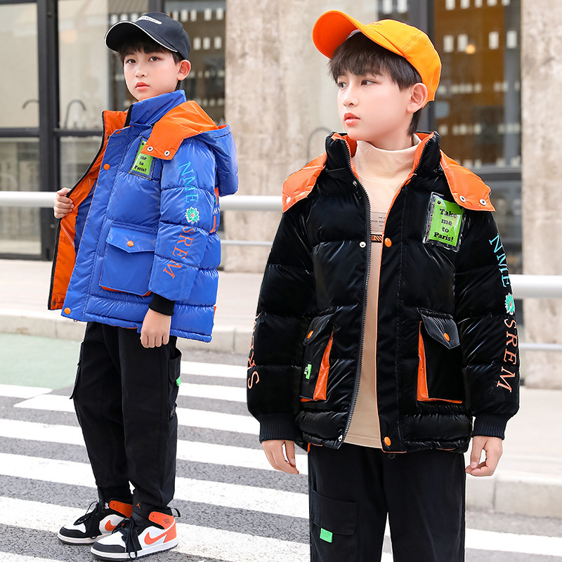 

Boys winter cotton clothing plus velvet thick 2020 new Korean children handsome hooded print fashion sequins cotton coat, Camo