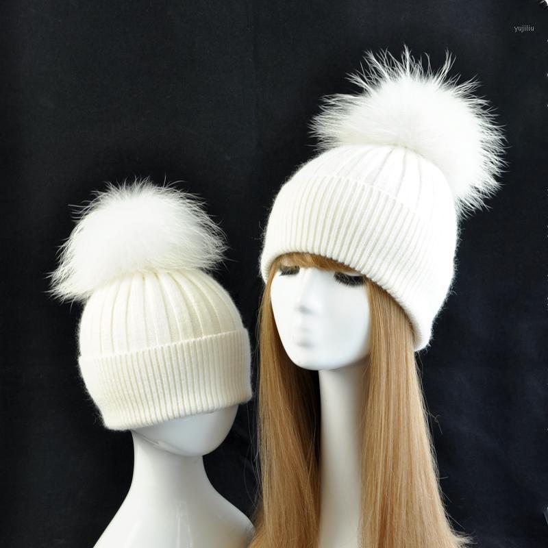

Real Fur Pompom Hat for Mom Baby Hats Winter Women Boy Girls Warm Caps Kids Cute Striped Knit Beanie Parental Suit Winter Hat1