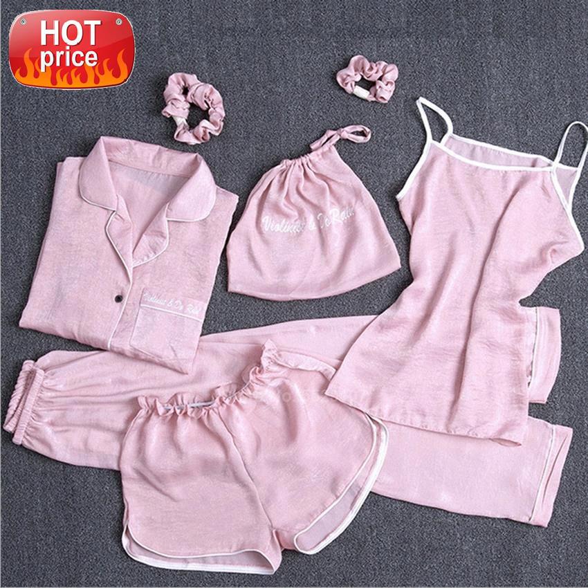 

7PCs Women Pajamas Set Silk Smooth Spring Summer Lounge Sleepwear Brides Strap Suspender Shorts Pyjamas Set with Headband #kS5Y, Black;white