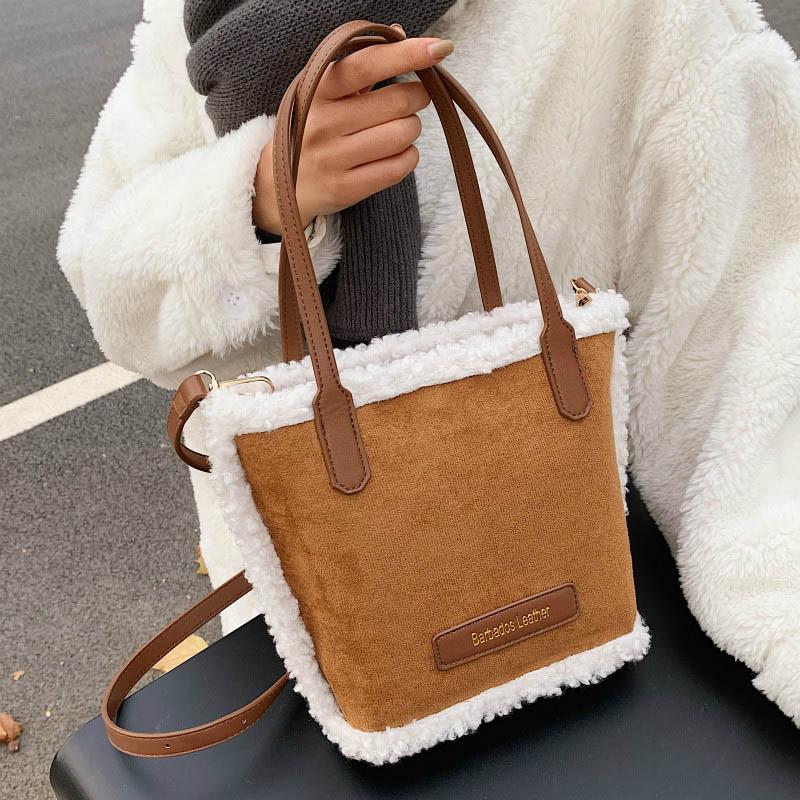 

Fashion Lambswool Buckets Bag Design Soft Plush Women Handbags Luxury Matte Pu Leather Fur Shoulder Crossbody Bags Winter Purses, Black