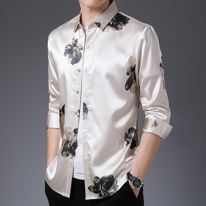 

Flowers Printed Elegant Fashion Mens Clothing 2020 Big White Blouse Mens Satin Silk Shirts Large Sizes Casual Party Shirts, Black