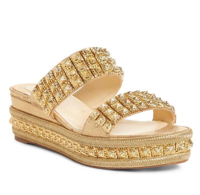 

summer Women Flat Sandals Red Bottom Shoe Sandal Myriadiam Flats Style,Name Brands low Heels Gold Rhinestone Strass Spiked wedges Shoes With