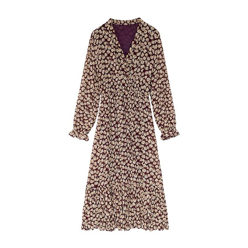 

Autumn Dress Temperament Ladies Waist Slimming Floral Chiffon Dress French Bellflower Bottoming Long, Khaki