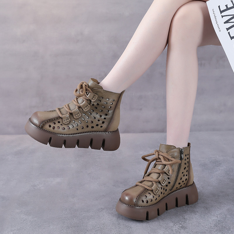Bottines d'été courtes en cuir véritable pour femmes, semelles épaisses à Muffin, creuses, respirantes, Vintage, décontractées, sandales pour fem