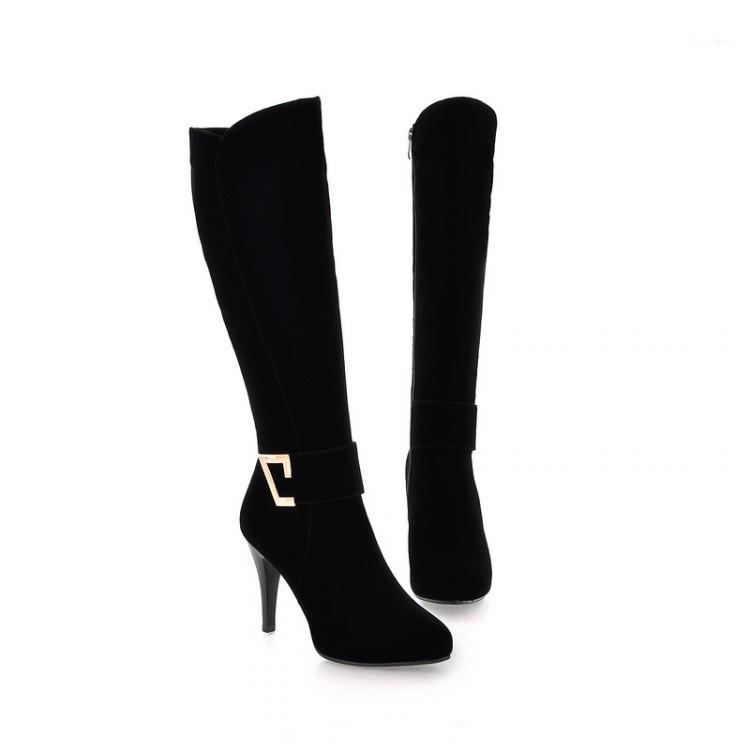 

Women's Elegant Belt Buckle Pointed Toe Stiletto Heel Shoes Autumn And Winter Suede Cheap Black Heeled Knee High Knight Boots1