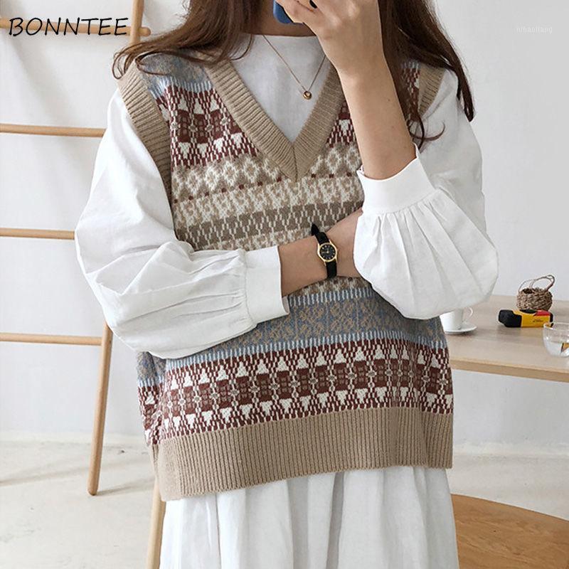 

Vests Waistcoats Women Knitted Patchwork Pullover V-neck All-match Inside Womens Students Korean Style Harajuku Vintage Fashion1, Khaki