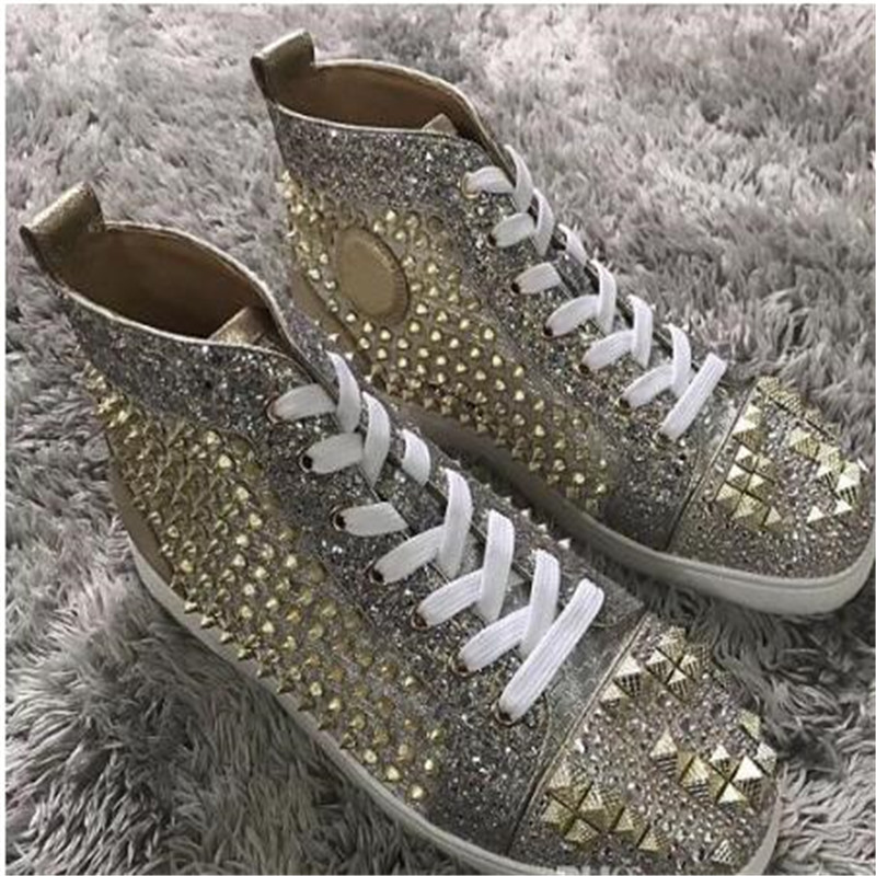 

Famous Gold Shiny Leather & Spikes Red Bottom Sneakers Men Women High Top Luxury Party Wedding o. Limited Skateborad Walking BOX,EU35-47