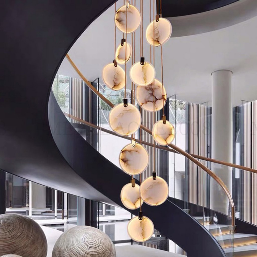

Modern Staircase Long Chandelier Copper Pendant Lamps Luxury Villa Marble Hanging Living Room Hotel Lobby Mall Decoration Stone Led Light Fixtures