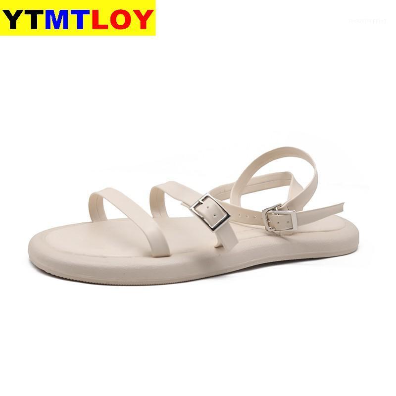 

Retro purple word sandals female 2020 summer Korean version of the simple open toe flat strap Roman shoes size 35-391, Beige