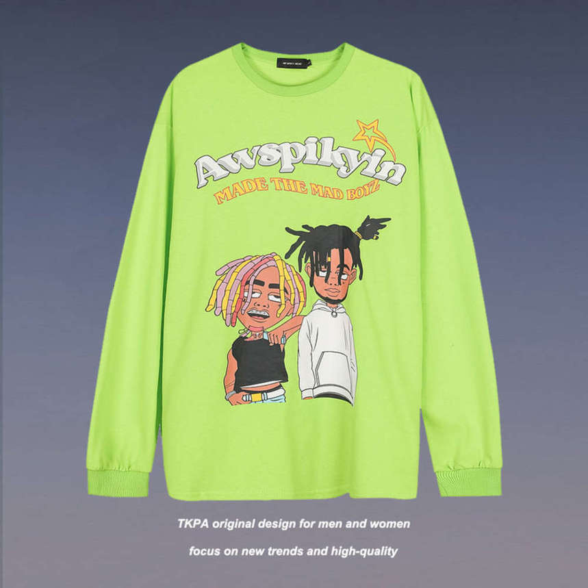 

Tkpa American hiphop sweater thin trendy hip hop cartoon printed high street Pullover long sleeve top, Black