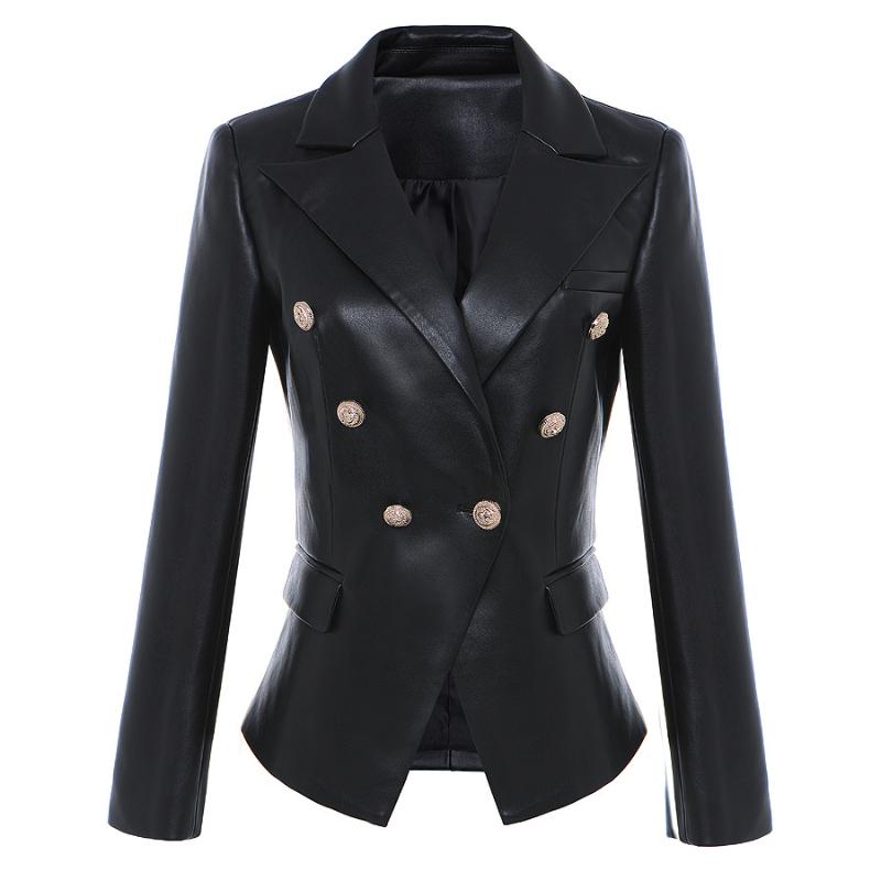 

Newest Fall Winter 2020 Designer Blazer Jacket Women' Lion Metal Buttons Double Breasted Synthetic Leather Blazer Overcoat, Black