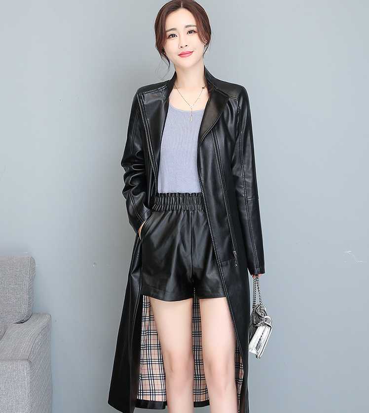 

2021 spring and autumn new leather clothes women's middle long slim coat Korean style style knee leather windbreaker fashion, Black