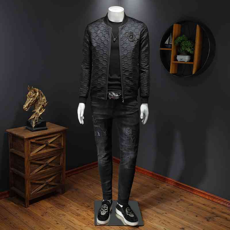 

Men' Jackets and spring autumn Korean style trendy slim jacket youth personality printing men' baseball uniform F87W, Black