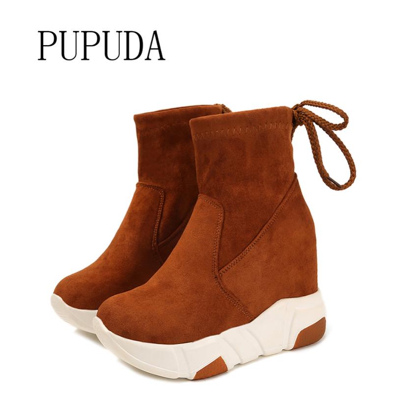 

PUPUDA Wedges Boots Winter Women Boots Slip On Casual Platform Women Fashion Height Increasing Snow 2020, Black