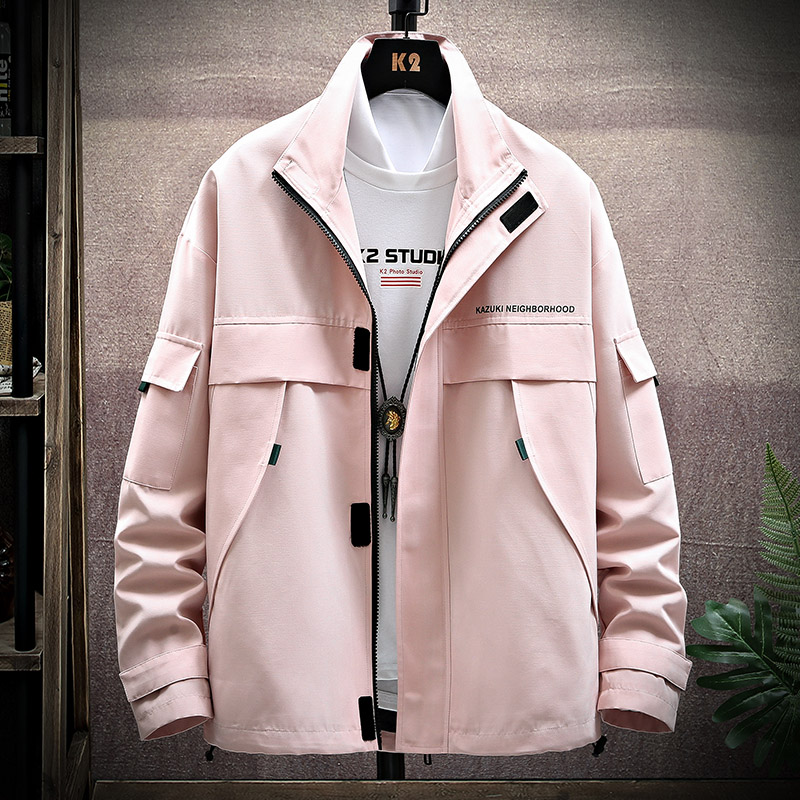 

Men's Jacket Men Spring Solid Korean Hip Hop Japanese Streetwear Coat Male Casual Cargo Pink Jackets Man Windbreaker, Khaki jacket men