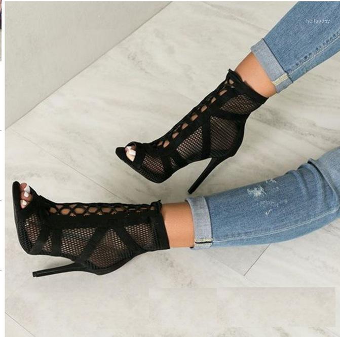 

JAYHW Female Fashion Black Summer Sandals Lace Up Cross-Tied Peep Toe High Heel Ankle Strap Net Surface Hollow Out Women Sandals1