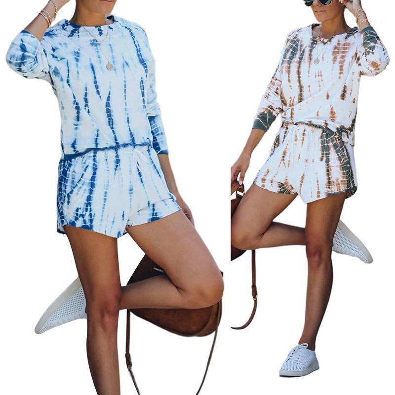 

2 Pieces Sports Set Leisure Wear Tie-Dye Print Round Neck Long Sleeve T-Shirt and Shorts Sport Clothes for Women Blue Gray1