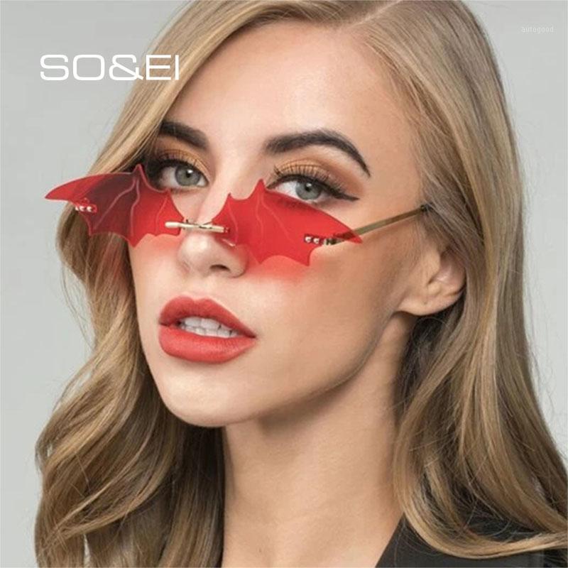 

Sunglasses SO&EI Unique Bat Shape Ins Rimless Women Brand Designer Ladies Clear Ocean Lens Eyewear Fashion Sun Glasses1