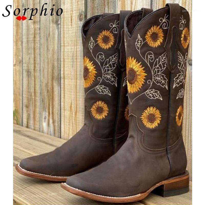 

Sorphio Med Heels Shoes Woman Trendy slip-on mid-calf Western Boots Women Hot Sale 2020 New Arrival Autumn Embroider Boots1, Khaki