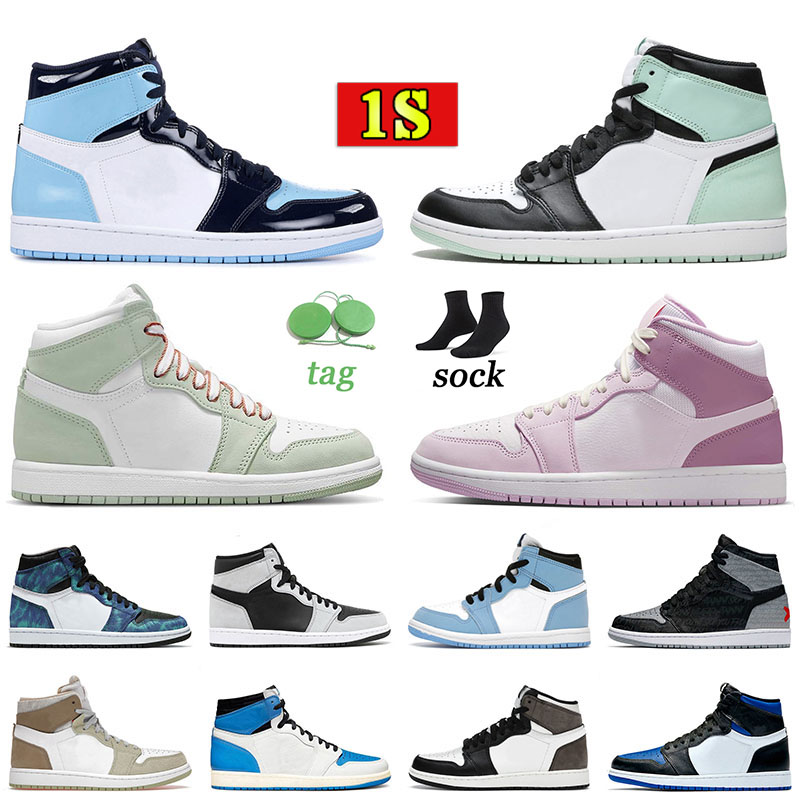 

New Jumpman 1 1s Mens Womens Basketball shoes Hot UNC University Blue Tvs xCarbon Fiber Hyper Royal Sliver Element Black Particle Grey Twist Suede Sneakers Trainers, M27 36-46 heat-reactive