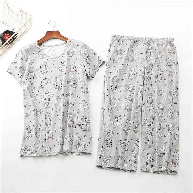 

Cotton Print Cat Pajama Set Summer Women Pajamas Top Capris Elastic Waist Plus Size 3xl Lounge Pijamas S92004, Black;red