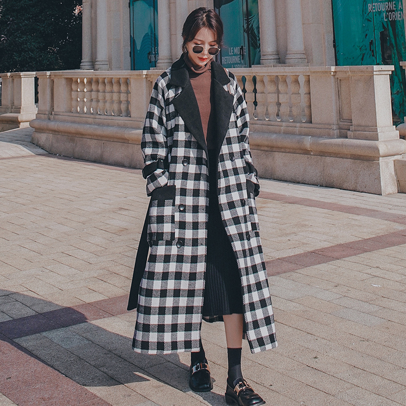 

2021 New Women's New Winter Loose Long Black Lapel Thick Double Breasted Hot Wool Coat 1h L8x2