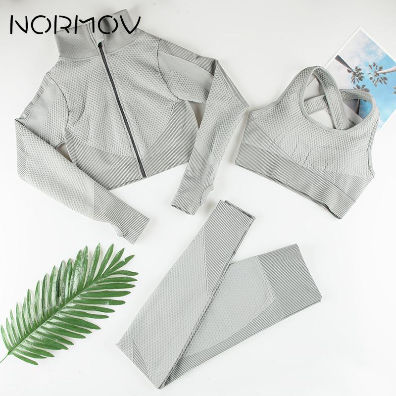 

NORMOV Seamless Yoga Set Workout Clothes Athletic Wear Sports Gym Legging Seamless Fitness Bra Crop Top Long Sleeve Yoga Suit, Blue 2pcs set