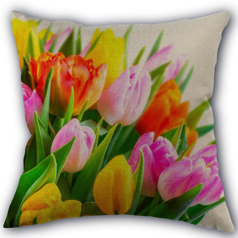 

Custom Tulips Flower Pillowcase Linen Cotton Fabric Pillowcases Wedding Pillow Cover Home Decorative size 45x45cm one side Pillow Case