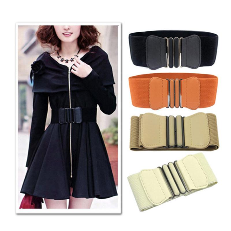 

Women Waist Belt Cummerbund Elastic Belt Square Buckle Black Dress Decorate Waistband Women Wide PU Leather Elastic Waistband, White