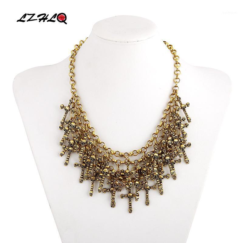 

LZHLQ Vintage Maxi Multilayer Skeleton Cross Tassel Necklace Fashion Punk Metal Carving Brand Women Clavicle Necklaces Jewelry1