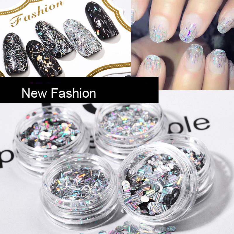 

NEW Shining Round Shape Holographic Nail Glitter Laser Flakes Round Stripe/Heart Nail Sequins Glitter UV Gel DIY Decoration