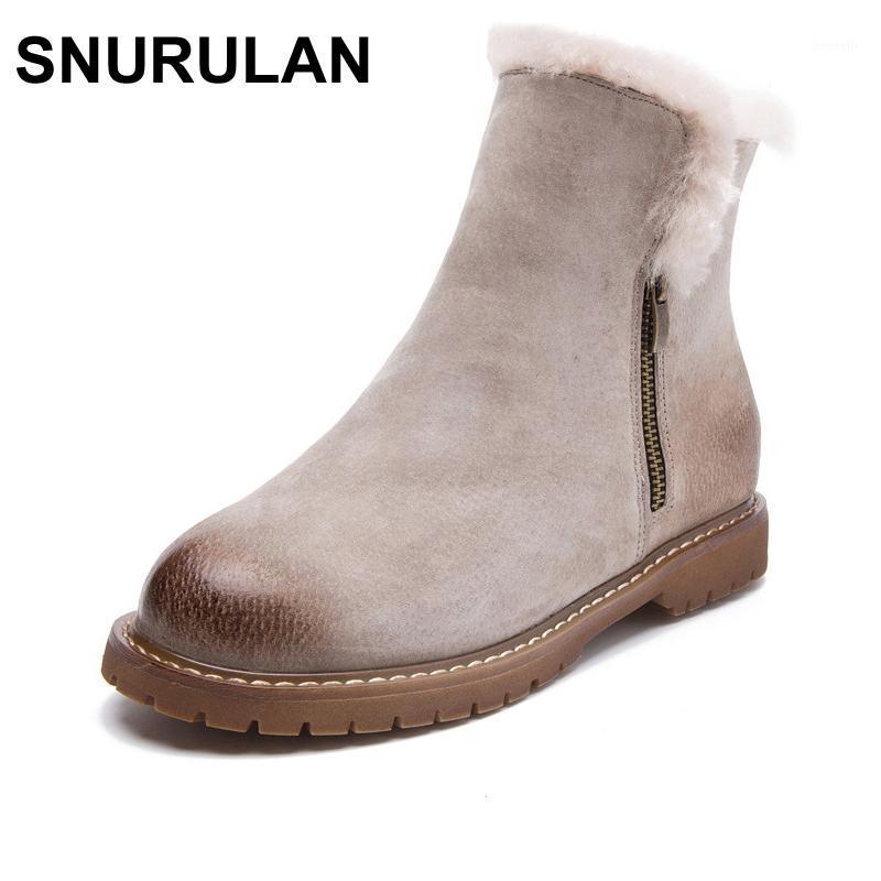 

SNURULAN Women Winter Boots New Arrival Genuine Leather Snow Boots Pig Suede Plush Cashmere Warm Ankle Casual Flats Shoes1, Black vevet