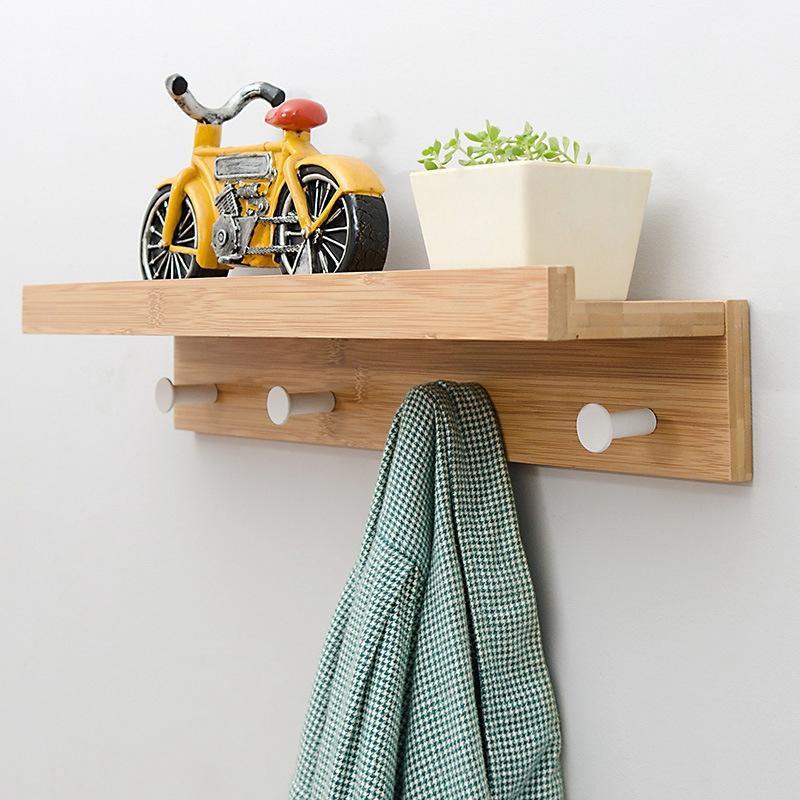 

Big deal Bamboo Floating Wall Shelves with 4 Hooks Entryway Shelf Hanging Coat for Living Room Bathroom Ornaments Display Rack1