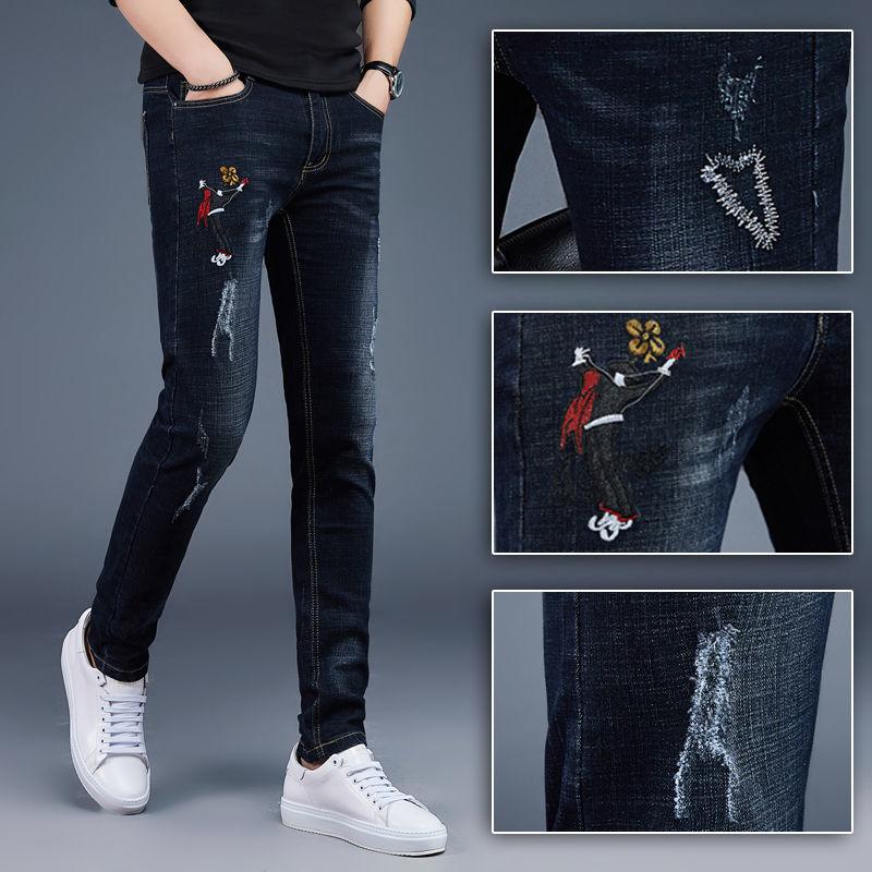 

European and American men's casual pants personality youth slim men's trousers foot pants autumn and winter popular ripped jeans, Same as picture