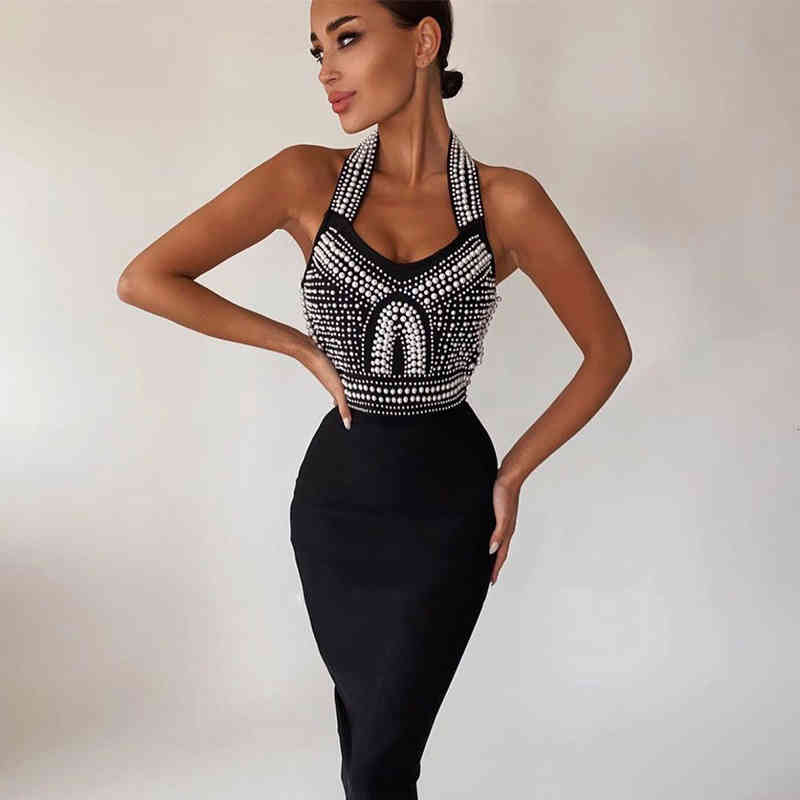 

Casual Dresses Autumn and winter hanging neck tight pearl decorative dress celebrity black thin bandage skirt SBLE, Khaki