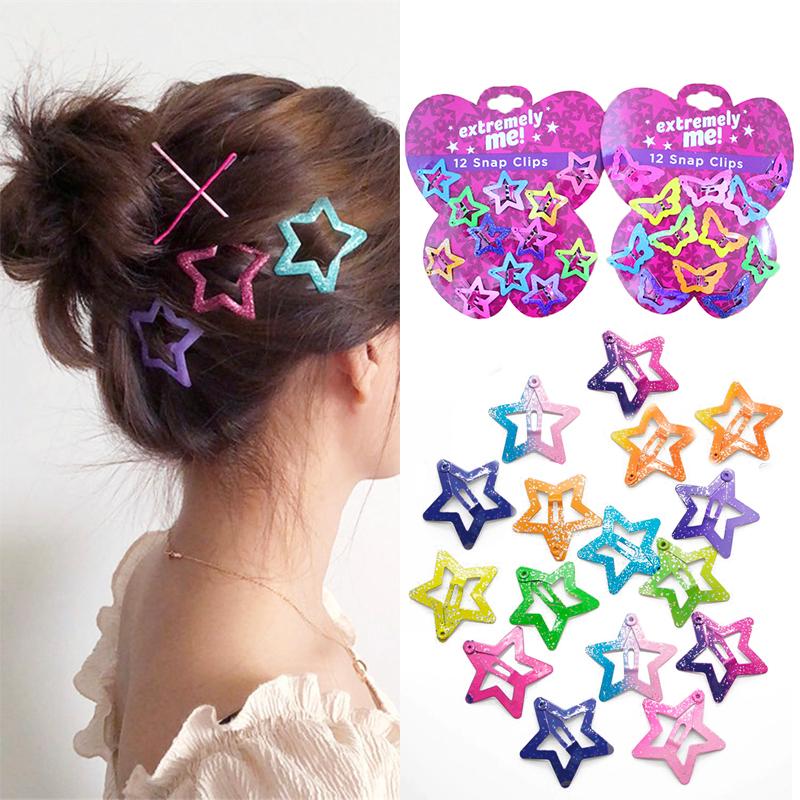 

Beautiful Kids Pentagram Hair Clips Glitter BB Clips Butterfly Colors 12 Pcs Children Asymptotic Color Candy Color Star Girls