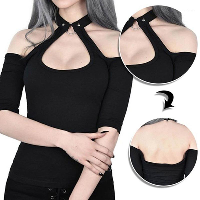 

Women' Solid Color Strapless Sexy Halter Neck Sexy Deep Round Short Sleeve Basement women sport bra fitness top Shirt Top1, Black