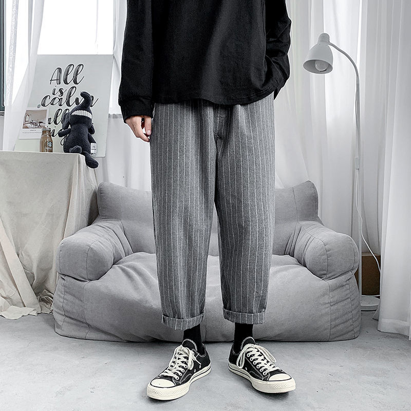 

Trousers 2021 Male Spring New Straight Pants Striped Cropped Campus Youth Size M-5xl EQV4, Dark gray.