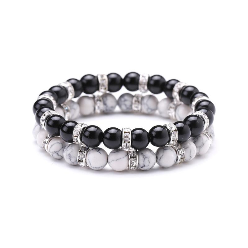 

8mm Black Bead howlite Stone Bracelet Micro Paved Crystal Spacer Black White Lover Couple Bracelet Bangel Jewelry