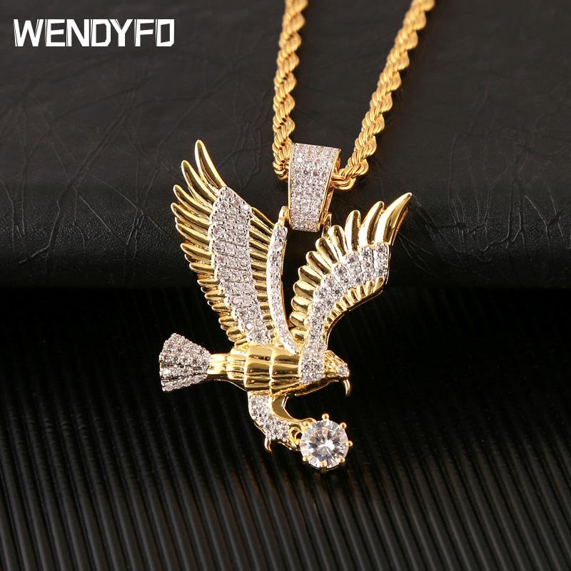 

WENDYFO High Quality Eagle Pendant Necklace Men Gold Color Charm Chain Necklaces Punk Zircon Rapper Fashion Hip Hop Jewelry Gift