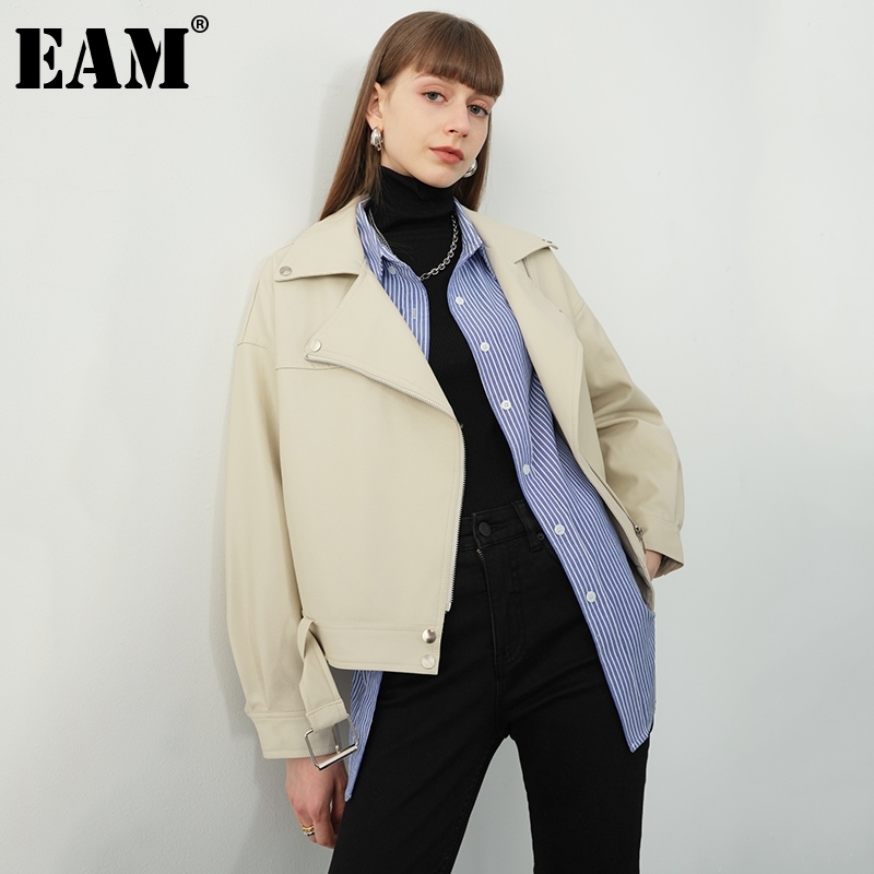 

[EAM] New Spring Autumn Lapel Long Sleeve Apricot Pu Leather Loose Big Size Short Jacket Women Coat Fashion Tide JX445 201109, Apricot beige