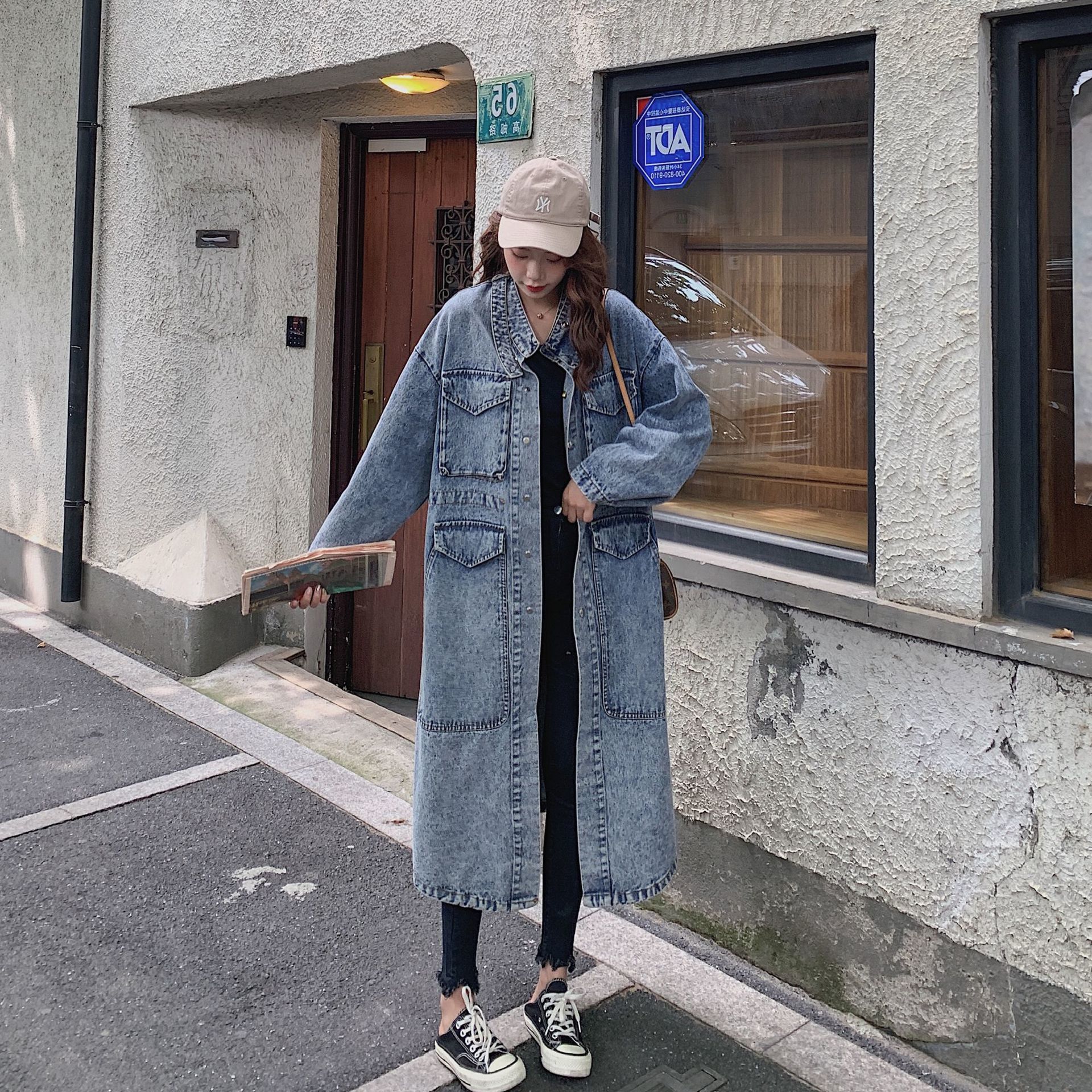 

2021 New Denim Trench on the Female Knee Autumn New Long Sleeve Solid Straight Collar Wild Loose Big Coat 1nz Y4es, Beige