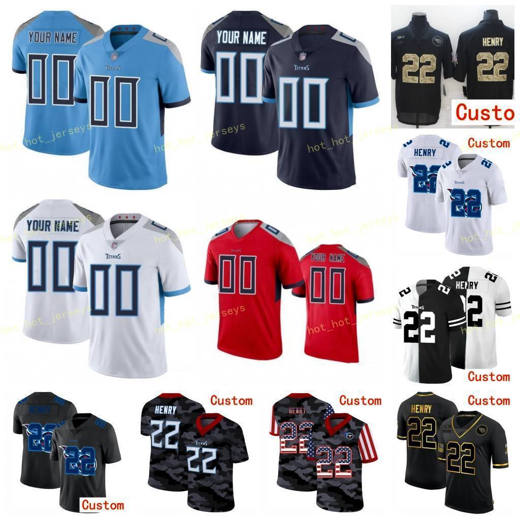 

22 Derrick Henry Temessee Tltan Custom Men Women Kids Football Jersey Ryan Tannehill Kevin Byard Taylor Lewan AJ Brown Jadeveon Clowney, Black;red