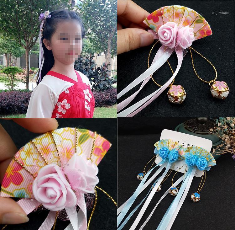 

children tassel hair clips fan headdress anime cosplay costume photo photography ancient hair accessories gifts1, Blue