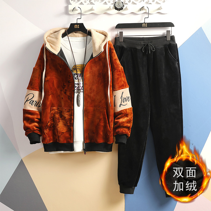 

2021 New Winter Tracksuits Men Thick Fleece Hoodies+pants Suit Zipper Hooded Sweatshirt Sportswear Set Male Hoodie Sporting Suits Dfgl, Dark brown