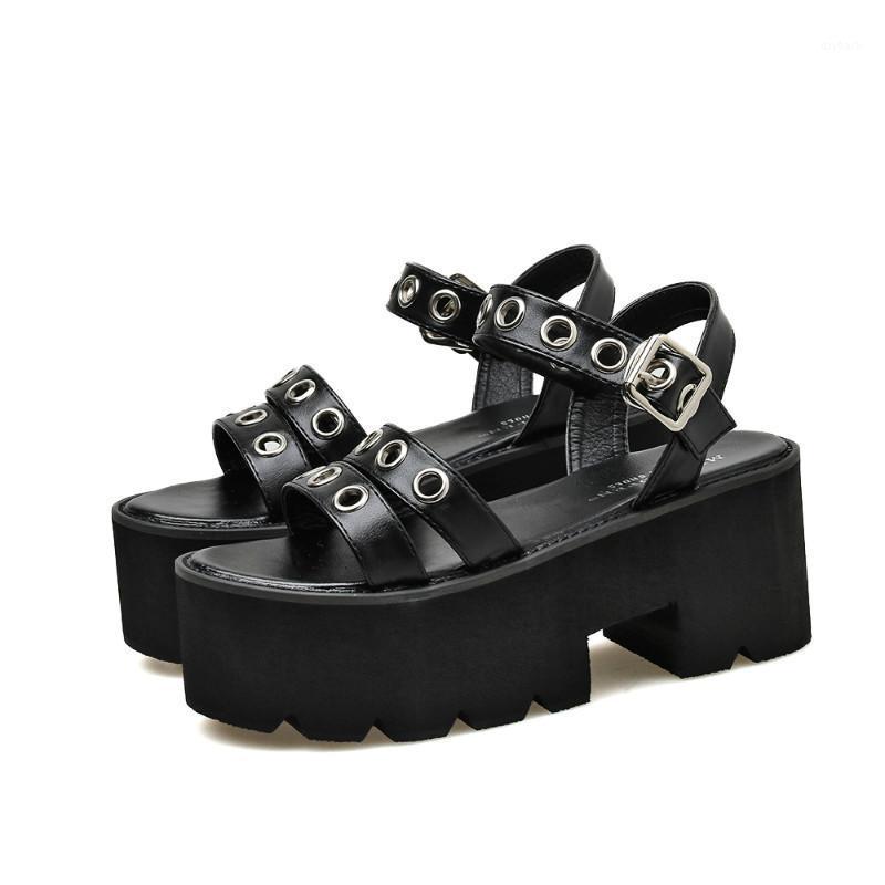 

Black Punk Rivet Platform Sandals Women Buckle Strap High Heel Sandals Women Chunky Heel Summer Goth Shoes C09961