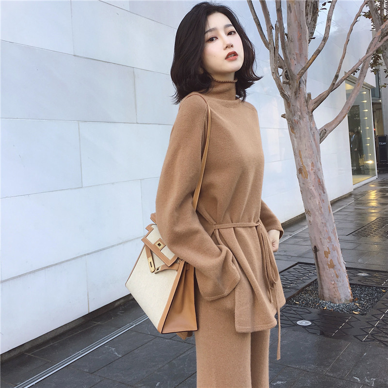 

2021 New Female Sets Two Fashionable Pieces Crocheted Korean Suit Sweater High Collar Pants Set 2 Piece Assembly Winter Clothes 0904, Camel