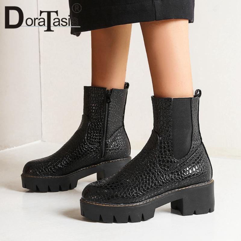 

DORATASIA Classic Ladies Fashion Fretwork Boots Comfy Med Chunky Heels Boots Women slip-on Platform Ankle Shoes Woman1, Yellow